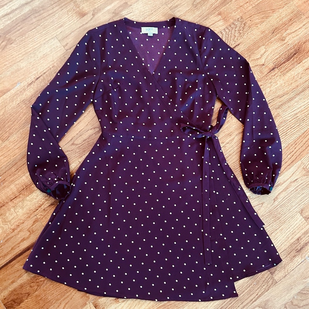 LOFT Polka Dot Maroon Wrap Dress size 00P